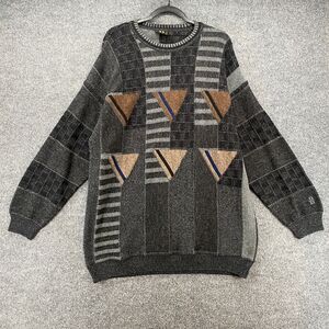 Vintage 90s Baffo Sweater Mens XL Gray Abstract Wool Blend Crew Neck Grandpa Y2K